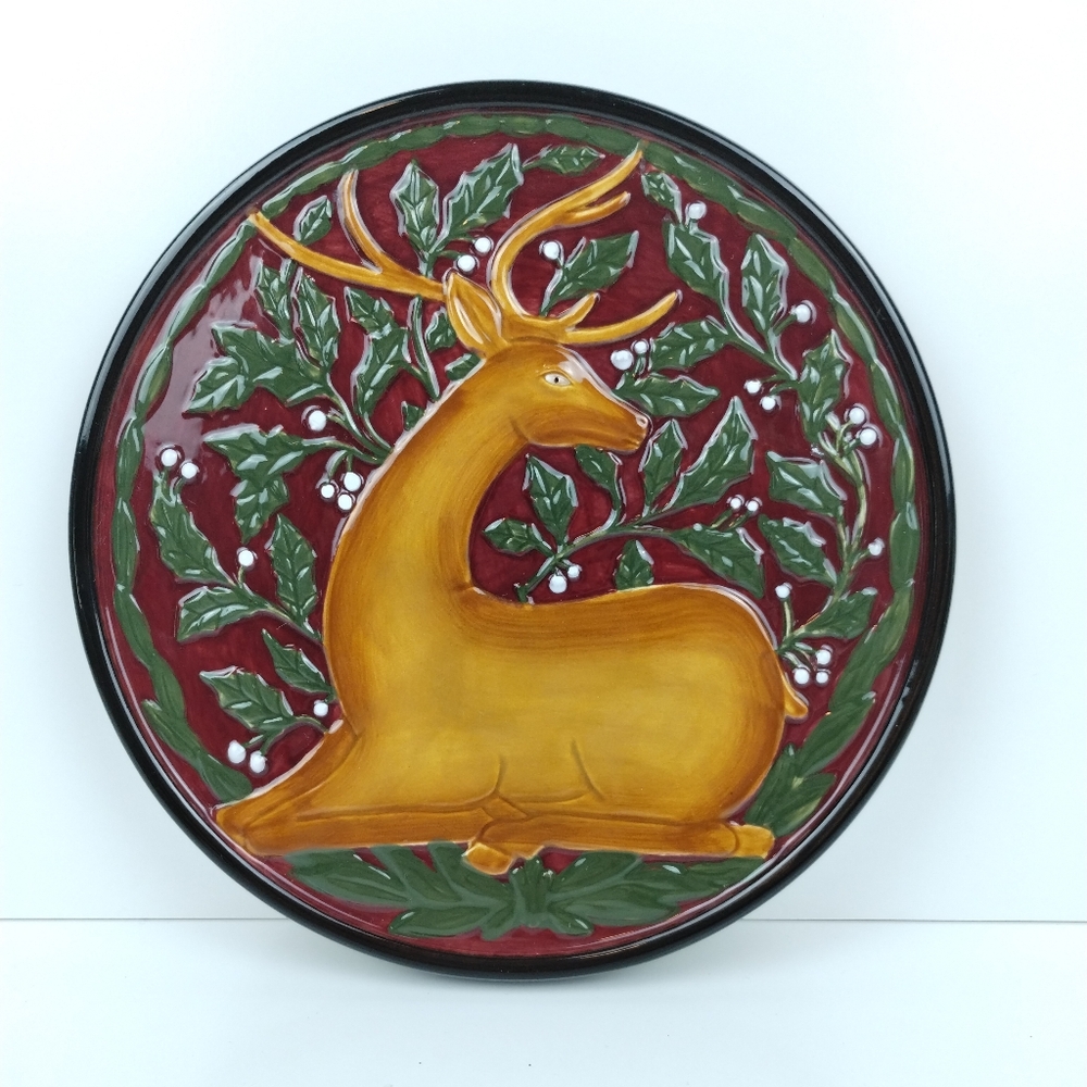 Festive Reindeer Hollies Candle Plate 7.25" Christmas Ceramic TrivetCandleHolder